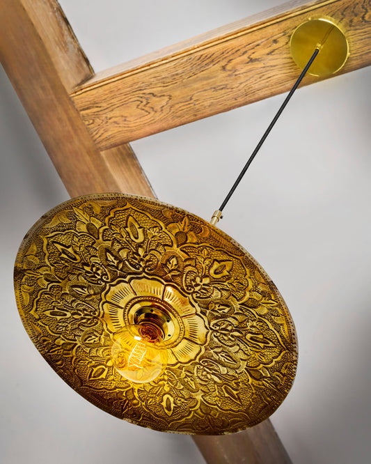 Hand-hammered brass Thali pendant light made from a reclaimed brass serving platter